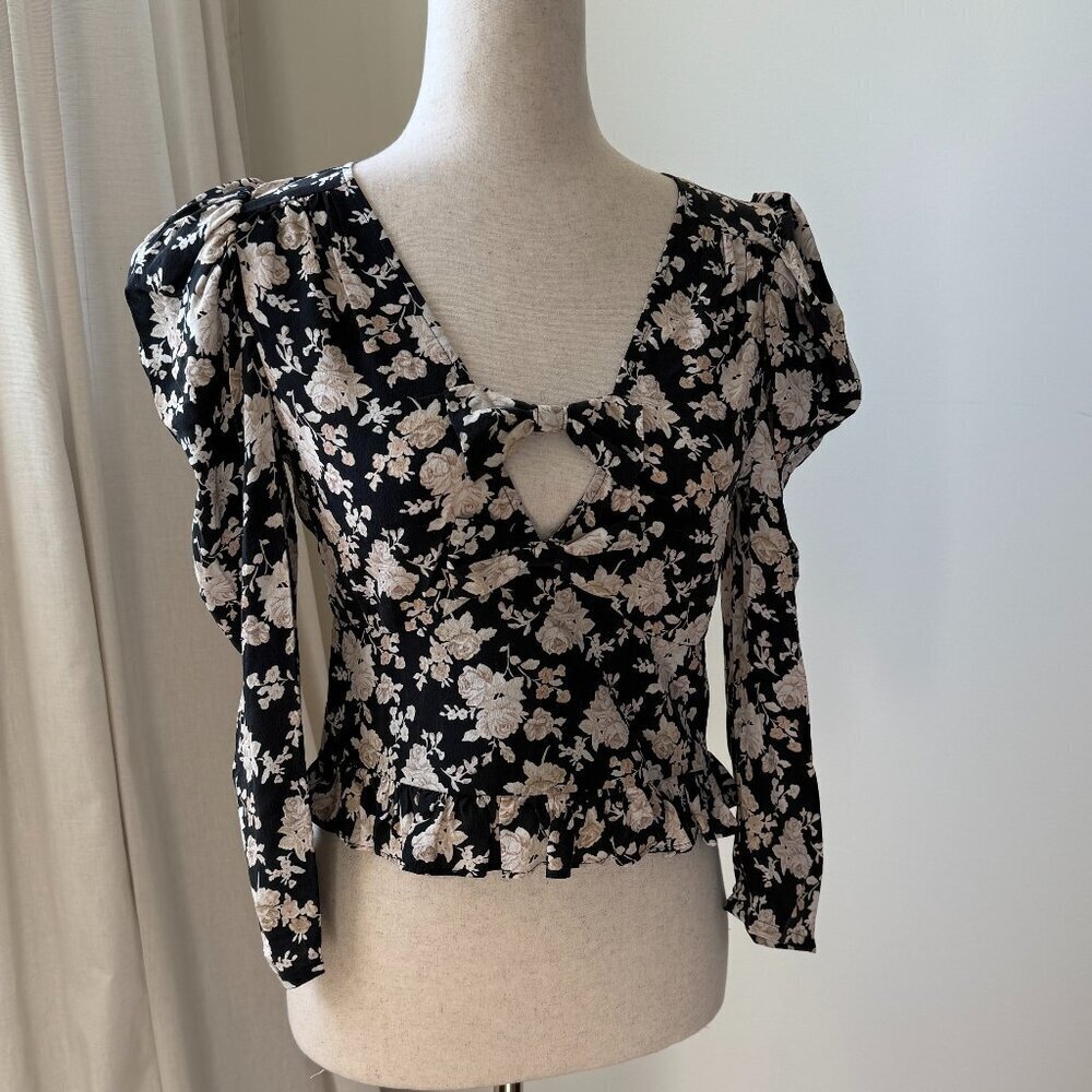 LOVESHACKFANCY Puff Sleeve Plunging V Neck Dark Floral Blouse w/ bow size 2 silk